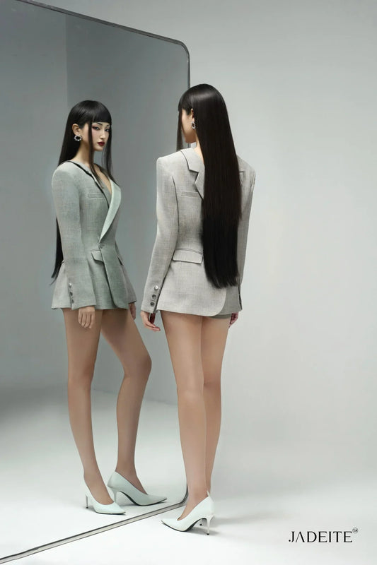 2-side Beige Vest & Ash Grey Short-Skirt